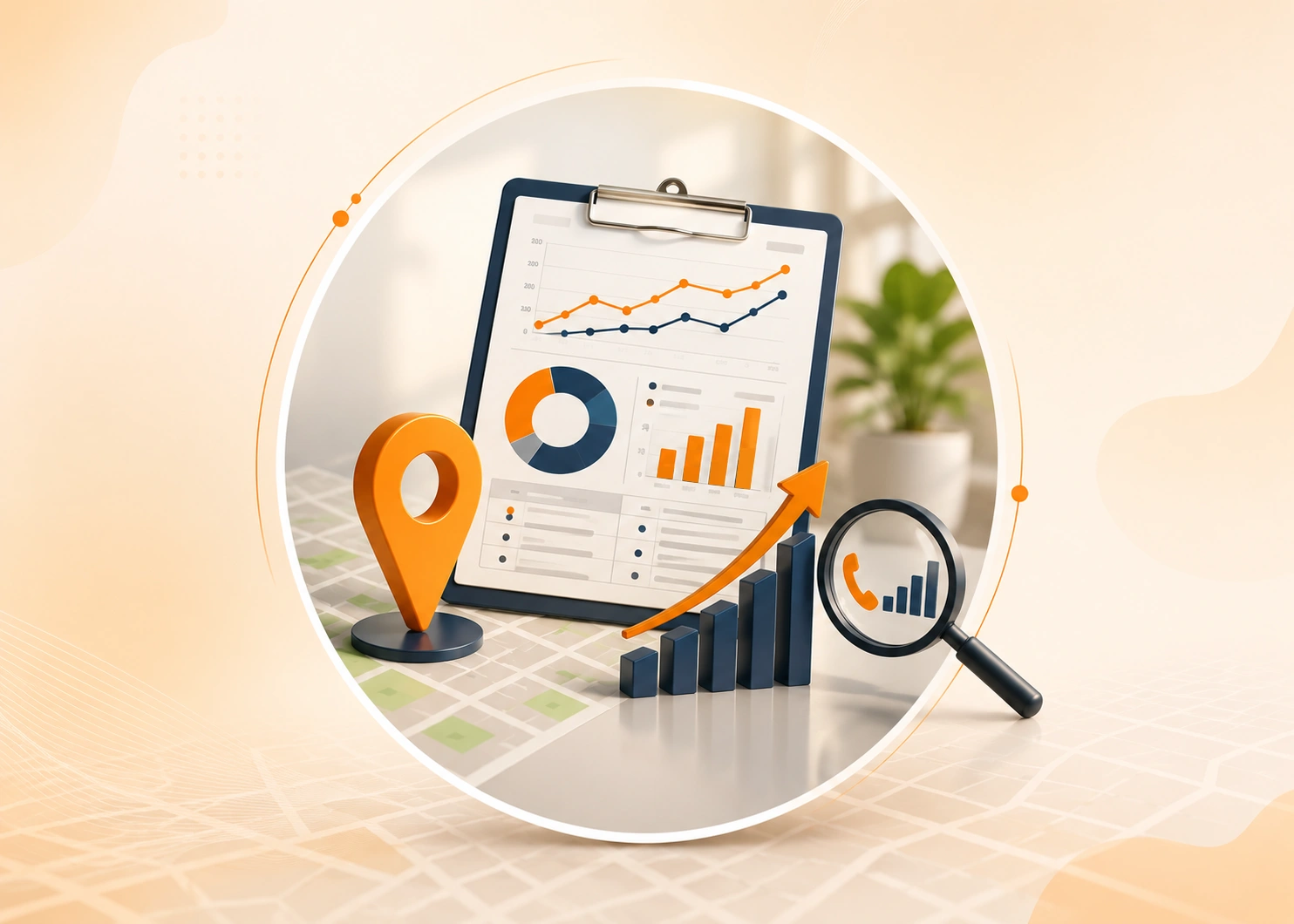 Local SEO performance reporting dashboard illustrating keyword ranking progress, call volume, and conversion growth.