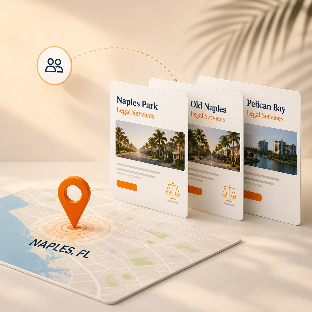 Localized content strategy layout displaying Naples neighborhood landing pages, service topics, and search intent alignment.