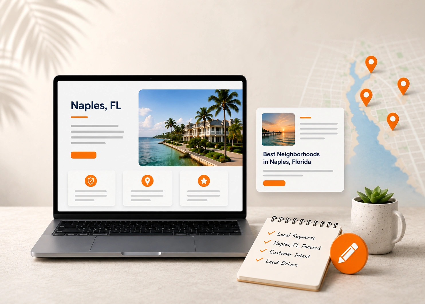 SEO content editor demonstrating localized service page creation, blog writing, and Naples neighborhood targeting.