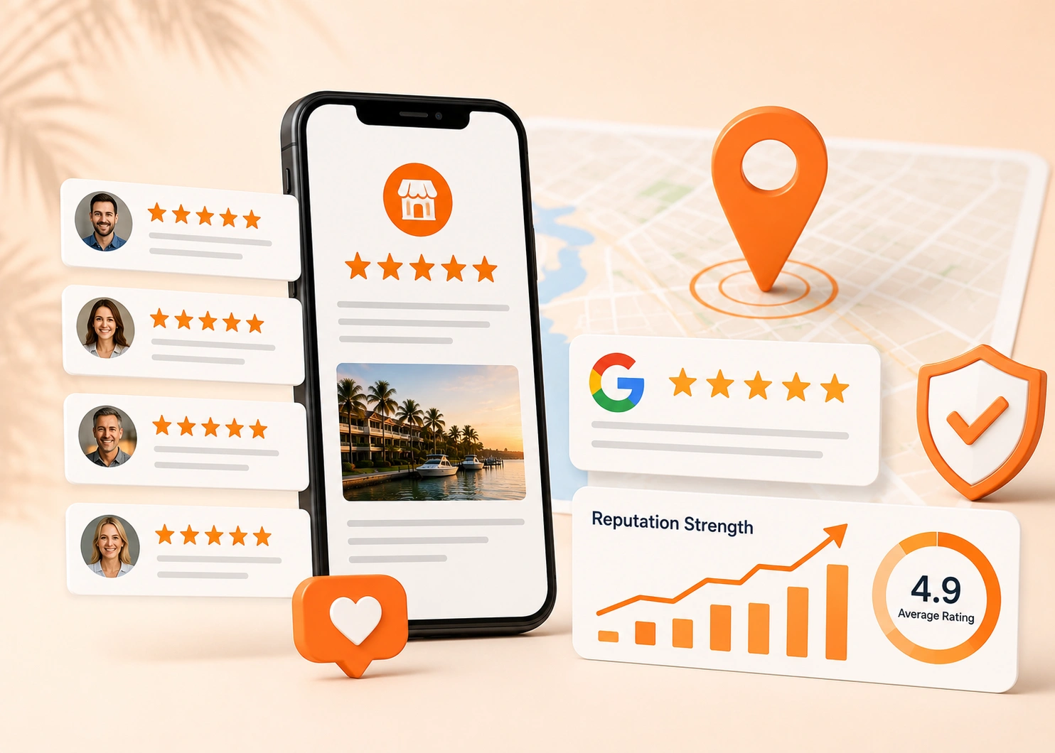 Online review management platform showing automated review requests, 5-star customer ratings, and response management.