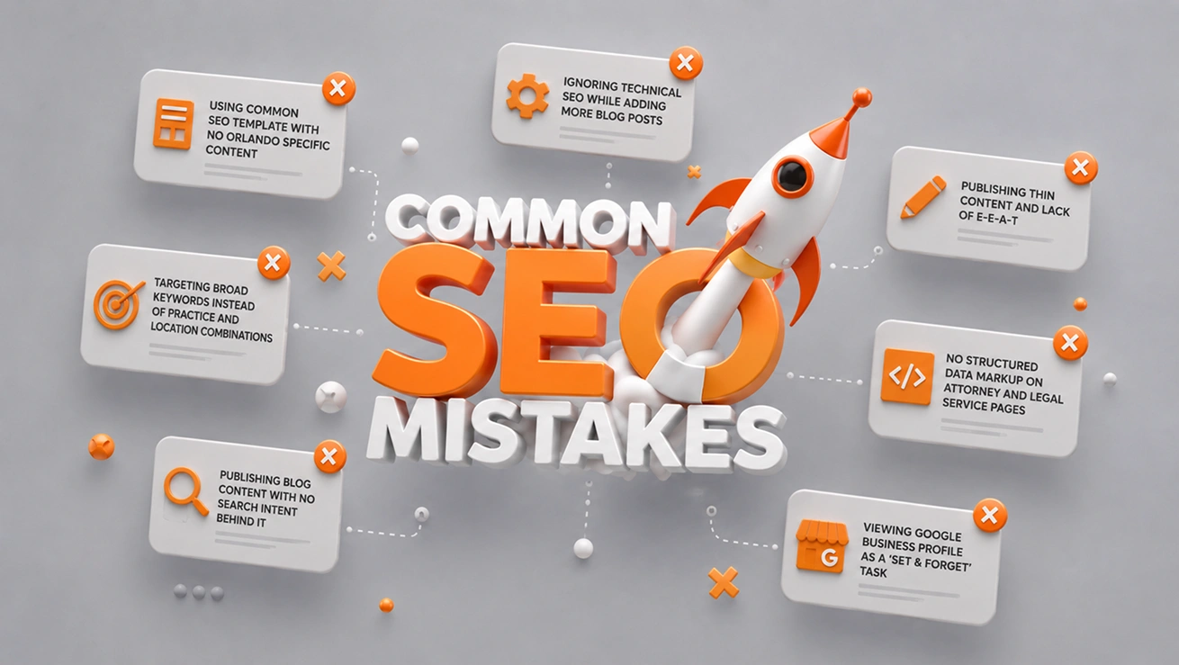 Infographic highlighting common SEO mistakes Orlando law firms must avoid including missing local legal content and unoptimized profiles.