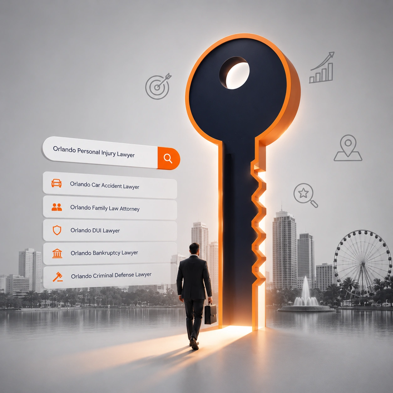 Search results displaying high-intent Orlando legal keyword rankings for top law firms.