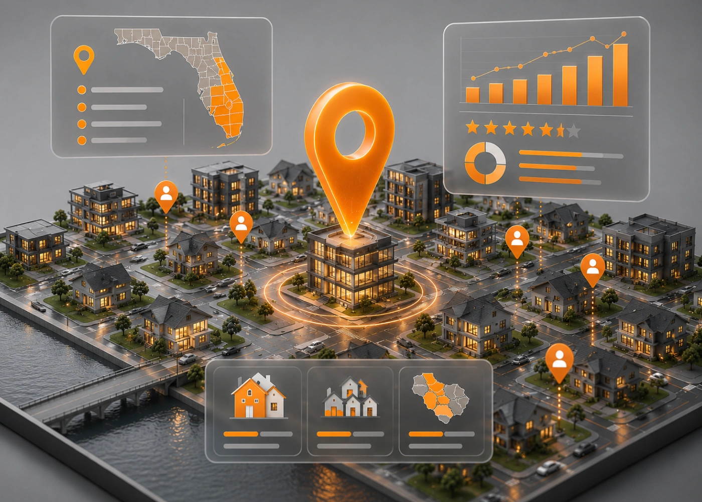 Local SEO for Florida Real Estate Markets Local SEO strategy diagram for Florida city, county, and neighborhood real estate markets.