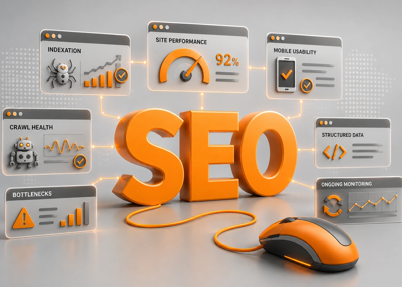 Technical SEO Audit and Ongoing Correction Technical SEO audit dashboard monitoring crawl health, site speed, and indexation for real estate websites.