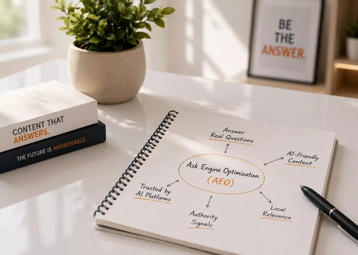 Ask Engine Optimization Strategy for AI Search Ask Engine Optimization strategy diagram showing AI-friendly content, authority signals, local relevance, and trusted AI platforms.
