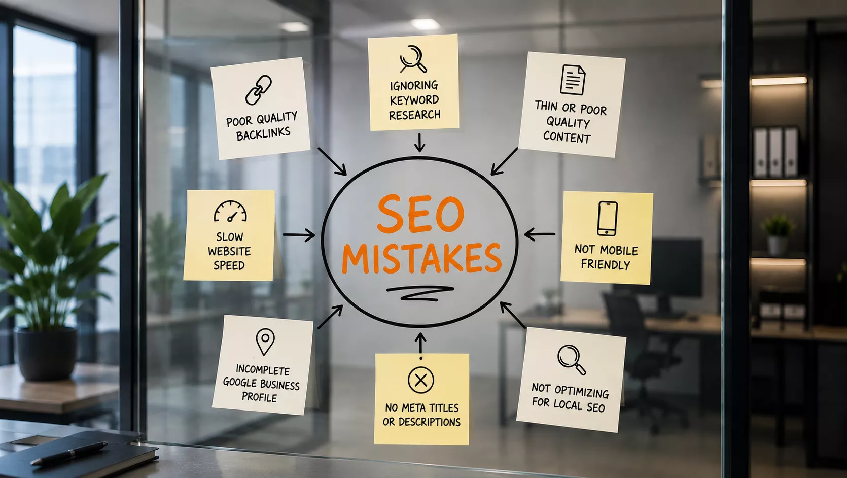 Common SEO Mistakes That Hurt Website Rankings Illustration showing common SEO mistakes including slow websites, poor content, missing meta tags, and weak backlinks.