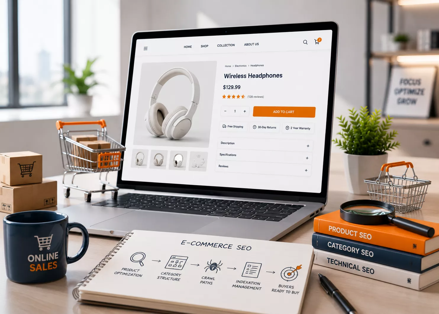 E-commerce SEO Strategy for Higher Online Sales E-commerce SEO workflow showing product optimization, category structure, indexing, and buyer-focused search visibility.