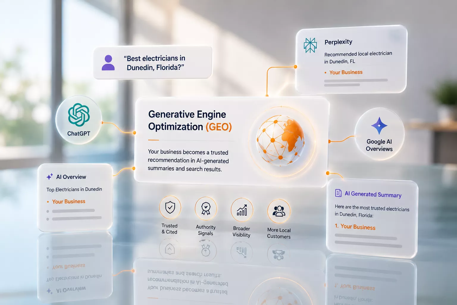 Generative Engine Optimization for AI Search Results Generative Engine Optimization diagram showing ChatGPT, Google AI, Perplexity, authority signals, and AI search visibility.