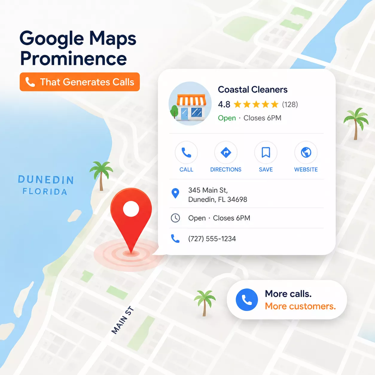 Google Maps Prominence for More Local Customers Google Maps business profile highlighting ratings, reviews, location, and local visibility that generate customer calls.