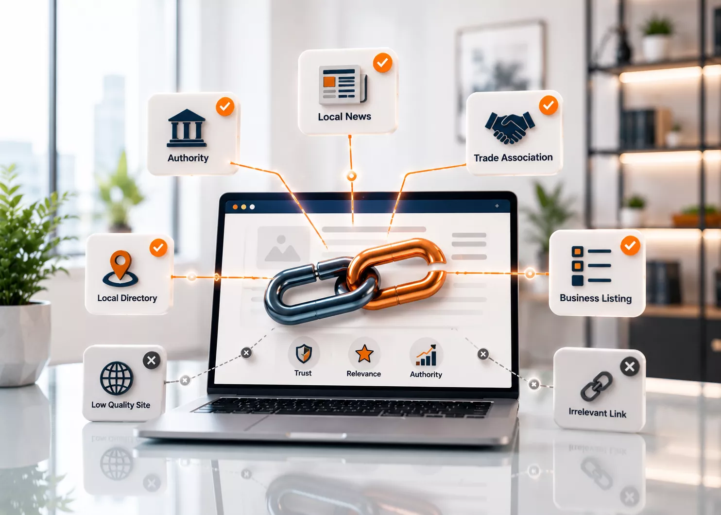 Off-Page SEO and Authority Link Building Strategy Off-page SEO illustration showing authority backlinks, trusted directories, business listings, and quality link building.