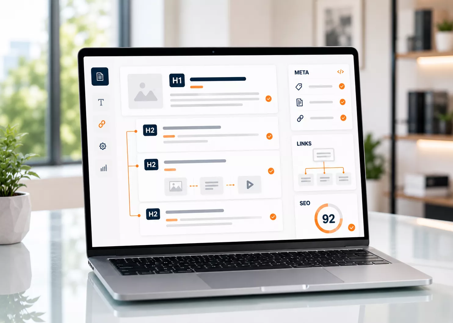 On-Page SEO Optimization for Better Search Rankings On-page SEO interface showing heading structure, metadata, internal links, and optimization score for webpages.