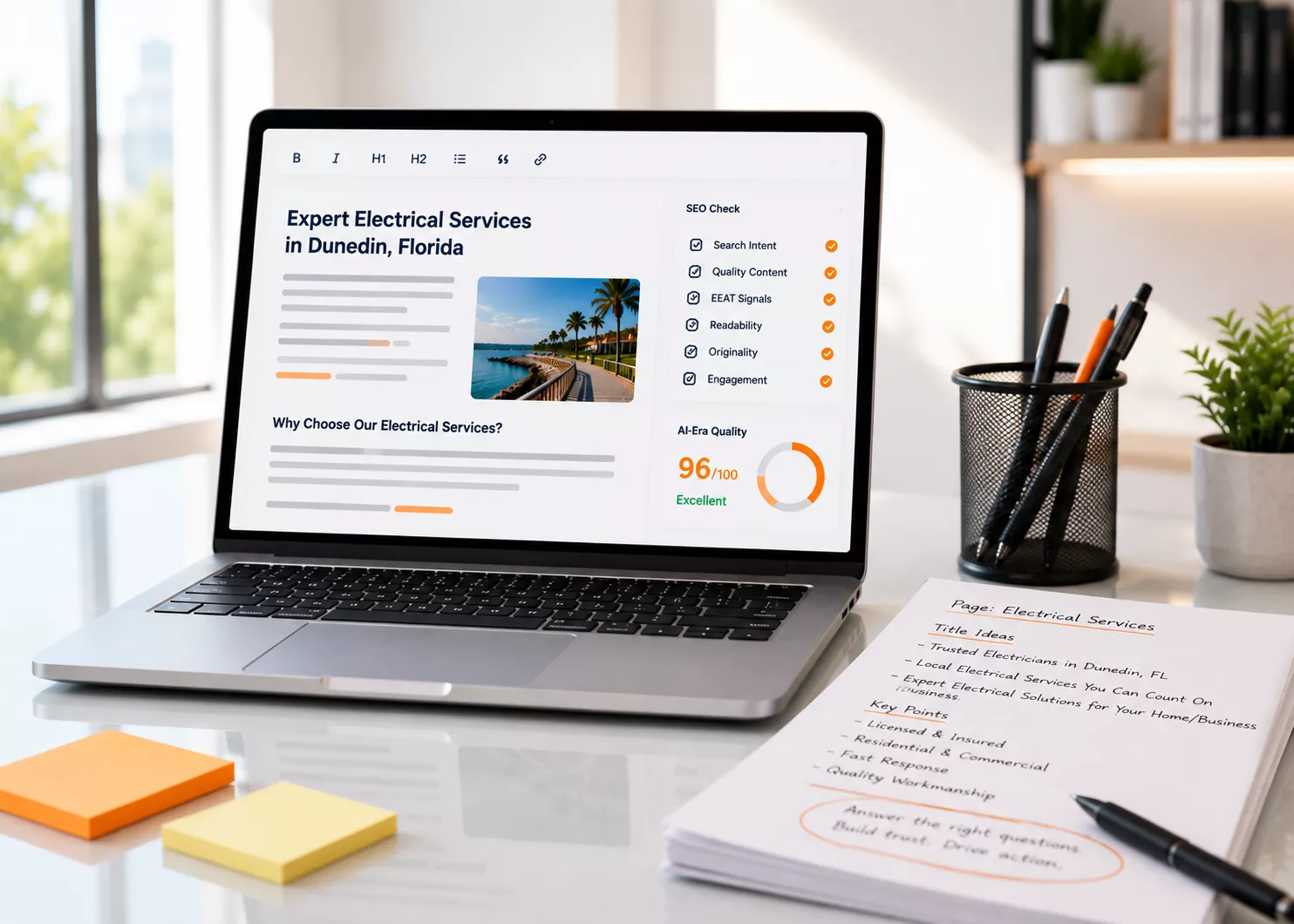 SEO Content Strategy and Copywriting Services SEO content editor displaying optimized headings, quality score, EEAT signals, readability, and search intent analysis.