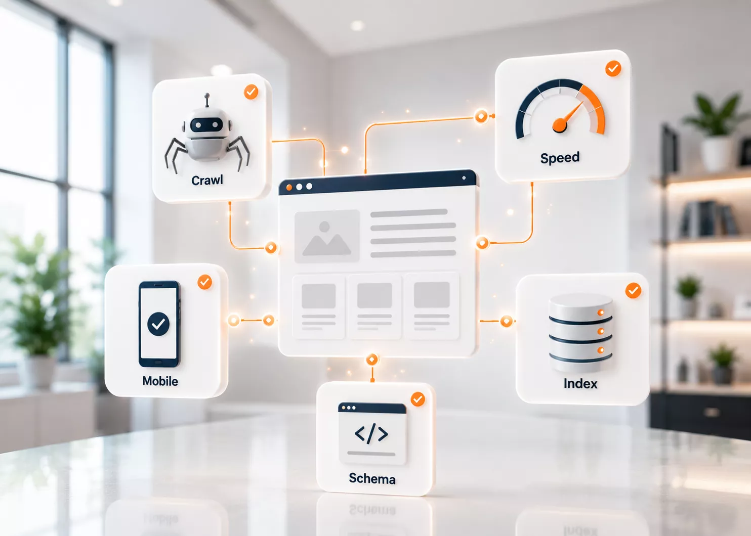 Technical SEO Foundation for Better Search Visibility Technical SEO illustration highlighting crawling, indexing, schema markup, mobile optimization, and website speed.