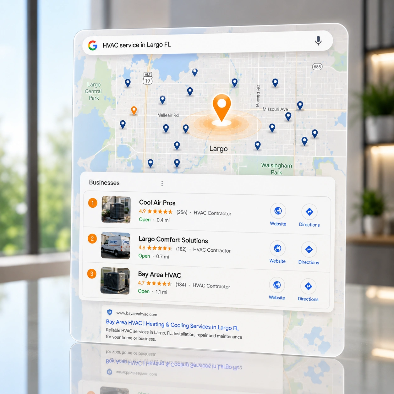 Google Maps 3-Pack Local Search Rankings Display Largo FL Google Maps 3-Pack local search rankings display highlighting top placement for Largo Florida businesses.