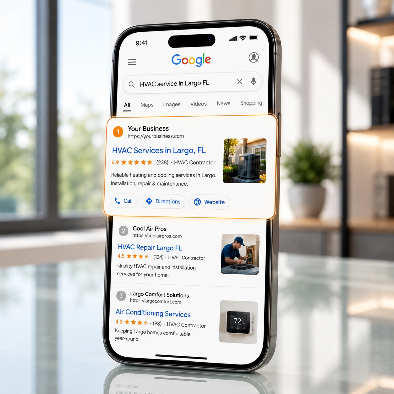 Organic Google Search Presence Mobile Results Largo FL Mobile Google search results showing strong organic presence and rankings for a local Largo FL business.