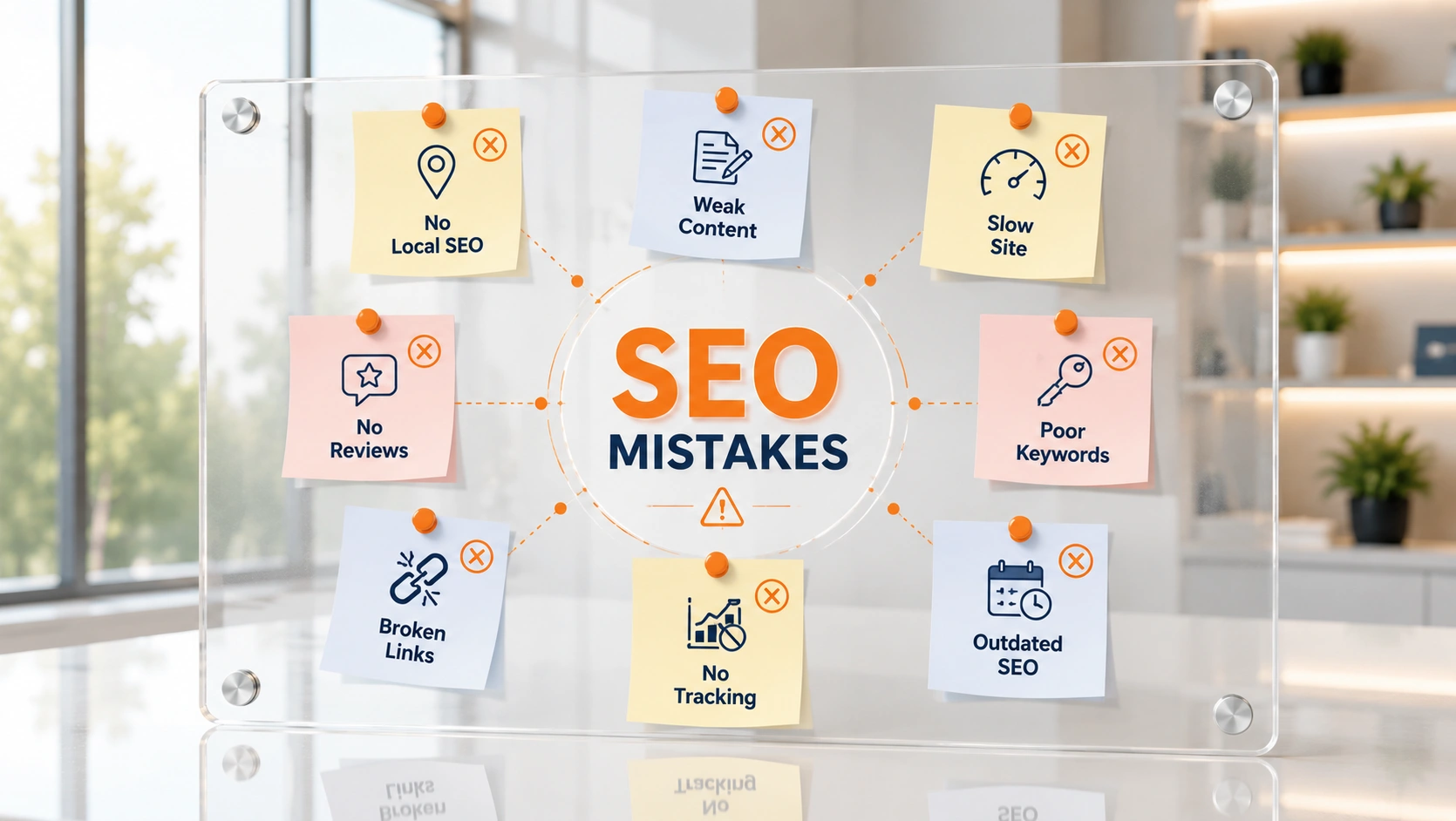 Top Common SEO Mistakes Local Businesses in Largo FL Make Illustration of top common SEO mistakes local businesses in Largo FL make, including poor keyword research and weak local signals.