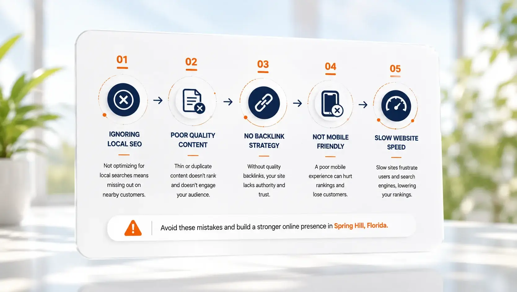Common SEO Mistakes Hurting Local Rankings Illustration showing common SEO mistakes like poor content, weak backlinks, slow speed, and missing local optimization.
