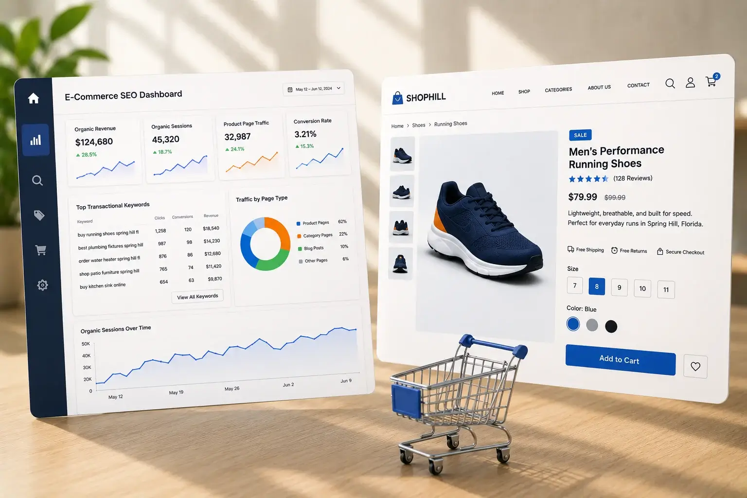 E-Commerce SEO Strategy for Online Store Growth E-commerce SEO dashboard and optimized product page improving organic traffic, rankings, and online sales performance.
