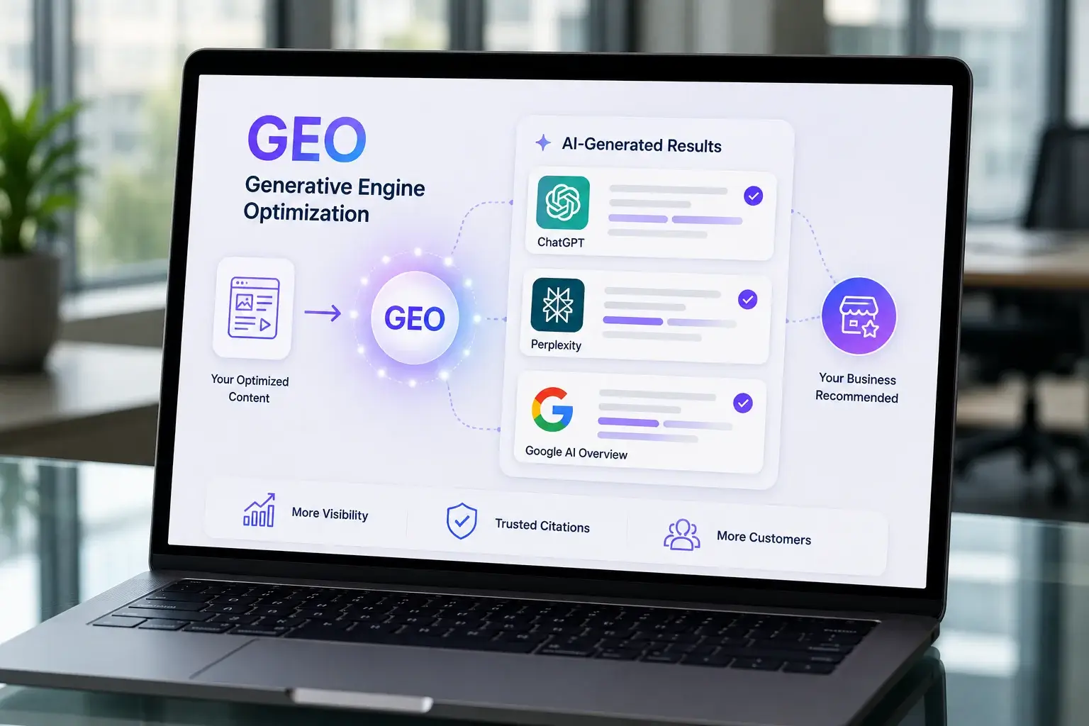 Generative Engine Optimization for AI Search Generative Engine Optimization helping content appear in ChatGPT, Google AI Overview, and AI-generated search results.