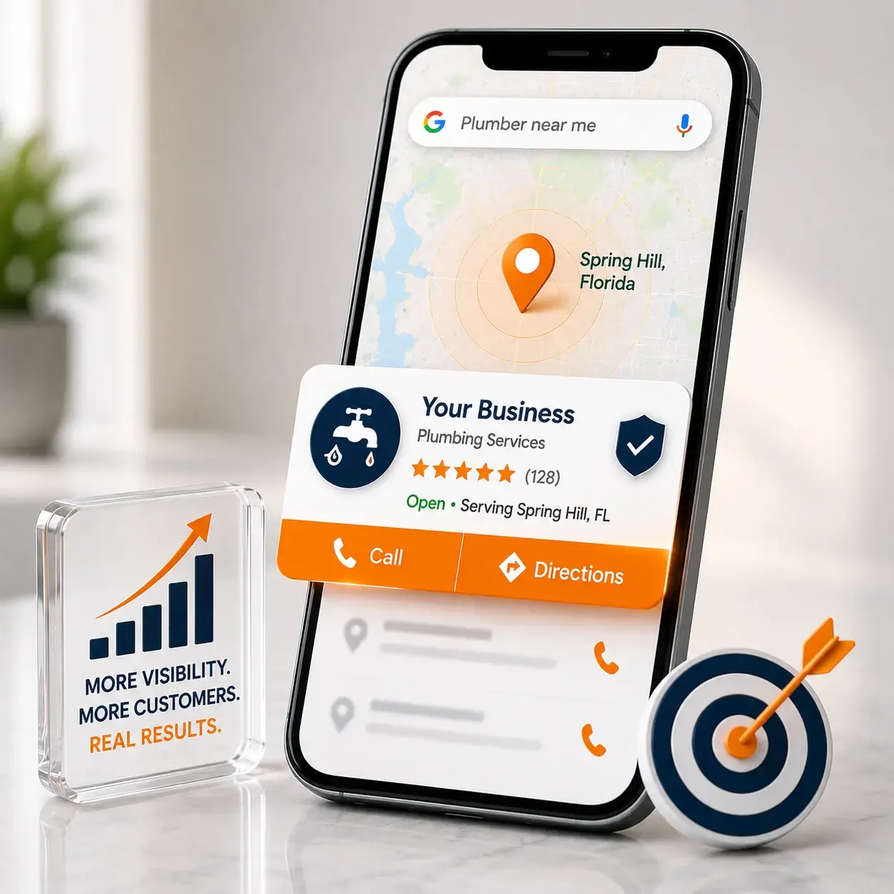 Local Search Visibility at the Moment of Decision Mobile local search showing Google Maps business profile helping customers choose nearby services at decision time.