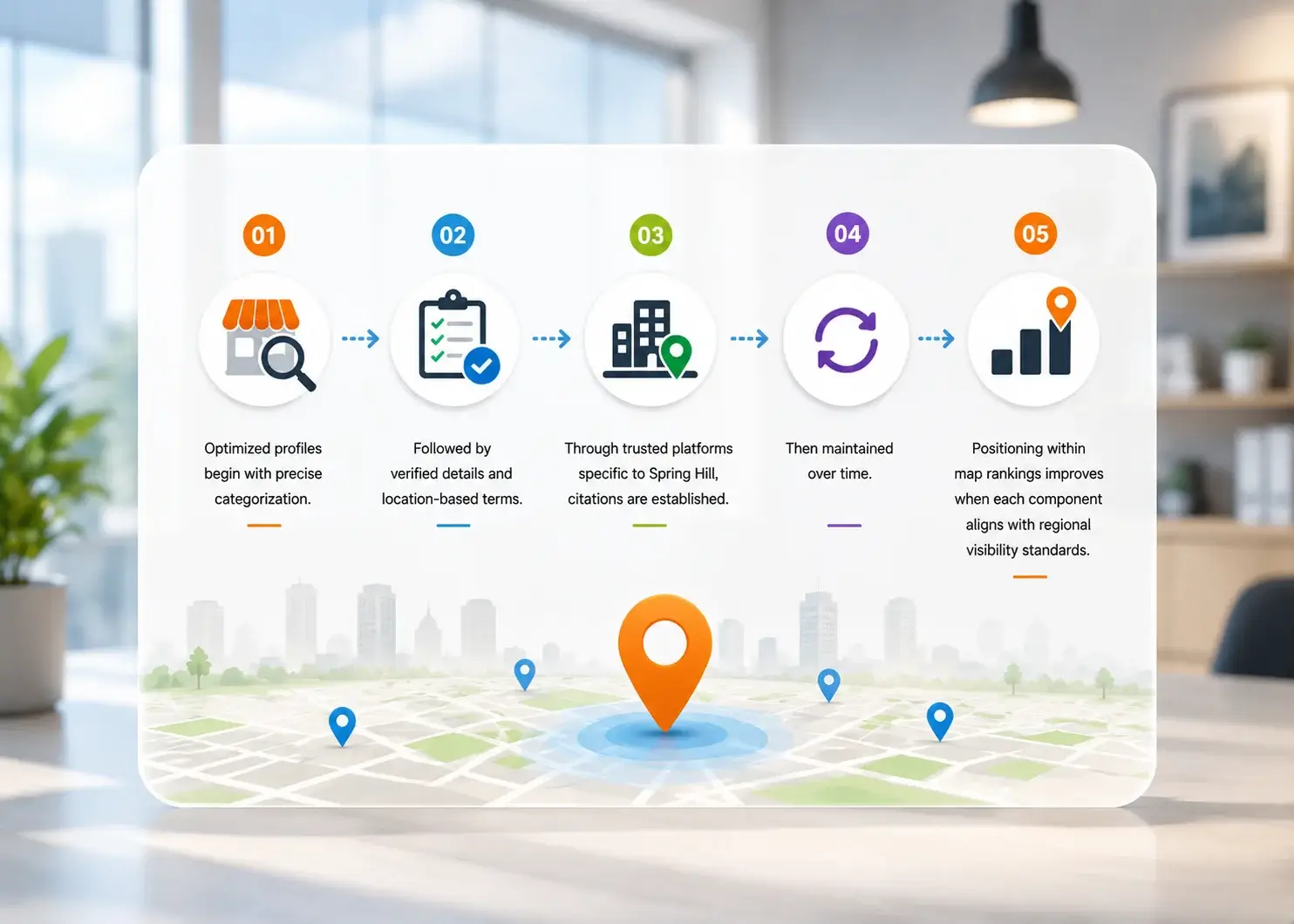 Local SEO Strategy for Better Map Rankings Local SEO process illustrating profile optimization, citations, verification, and ranking improvements in map results.