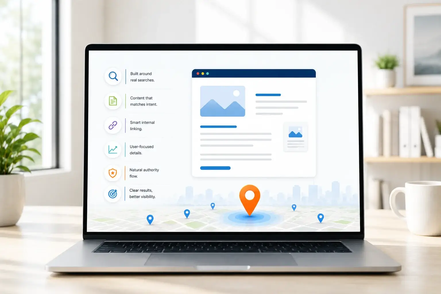 On-Page SEO Content Optimization for Rankings On-page SEO showing optimized content, internal links, user-focused structure, and improved search visibility.