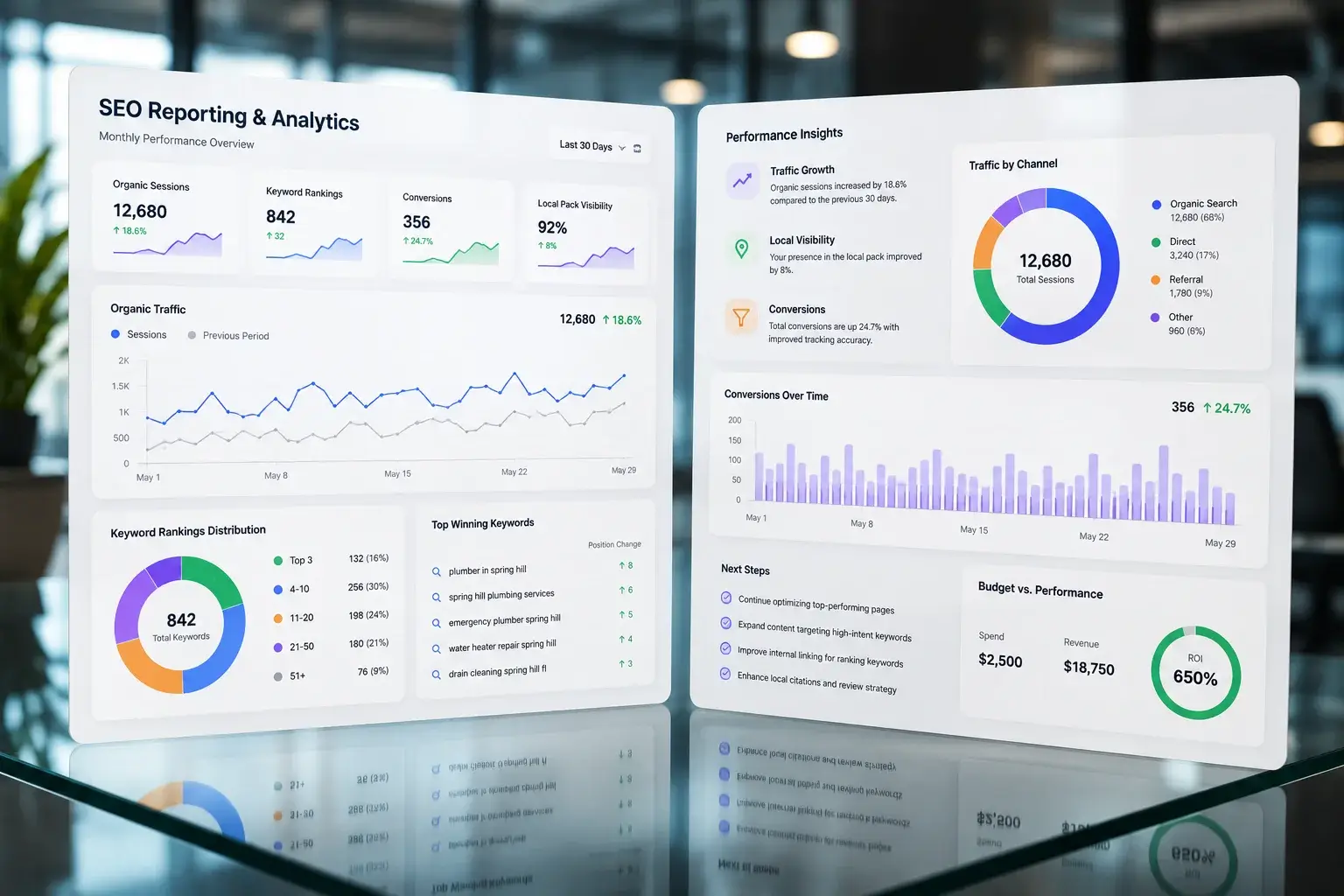 SEO Reporting and Performance Analytics Dashboard SEO analytics dashboard displaying keyword rankings, traffic, conversions, ROI, and performance insights over time.