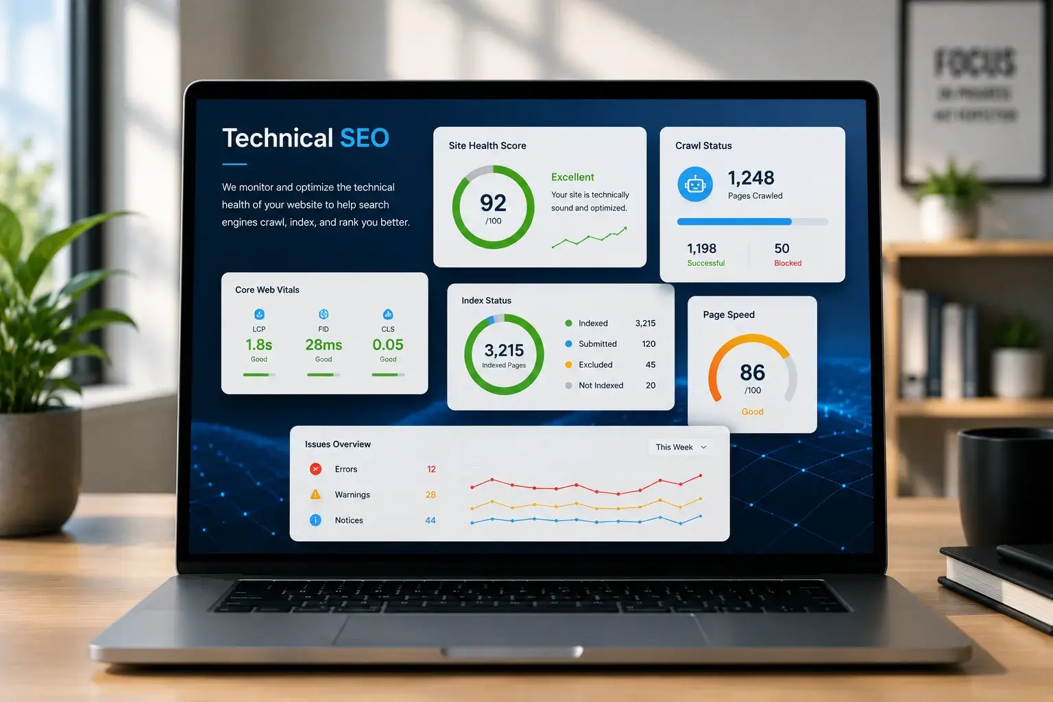 Technical SEO Audit and Website Performance Technical SEO dashboard showing Core Web Vitals, crawl status, indexing, page speed, and site health improvements.