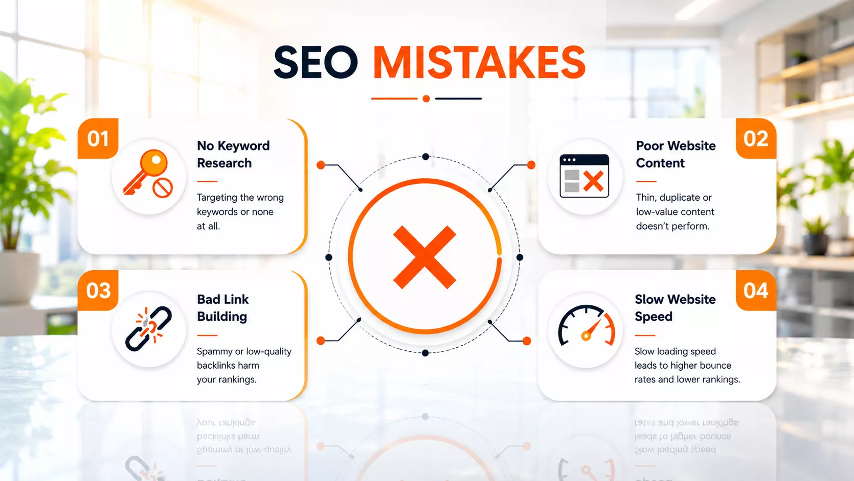 Infographic showing common SEO mistakes including poor content, weak keywords, bad backlinks, and website speed.