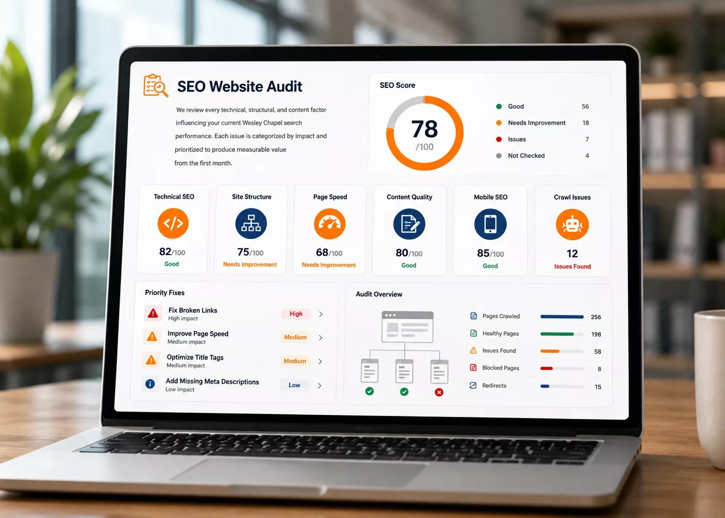 SEO website audit dashboard showing technical SEO, content quality, page speed, crawl issues, and optimization scores.