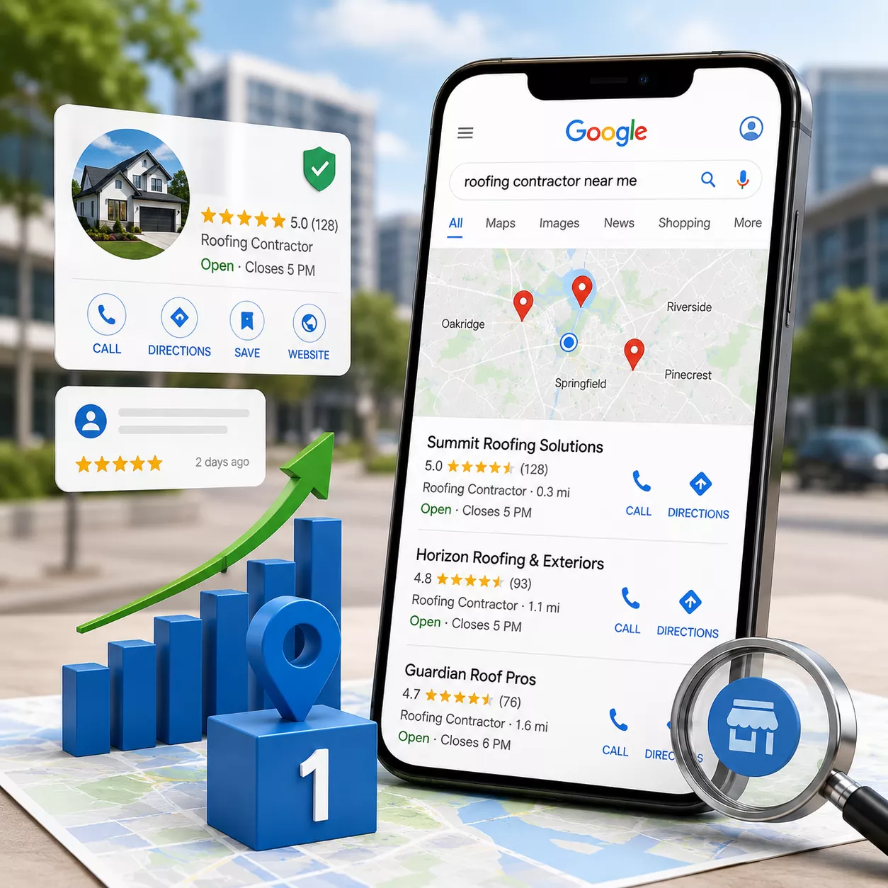 Google local search ranking showing a business in the first position with improved visibility, reviews, and customer trust.