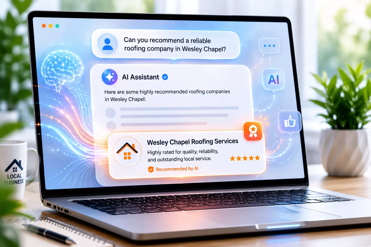 AI assistant recommending a local business through Generative Engine Optimization with trusted and authoritative content.