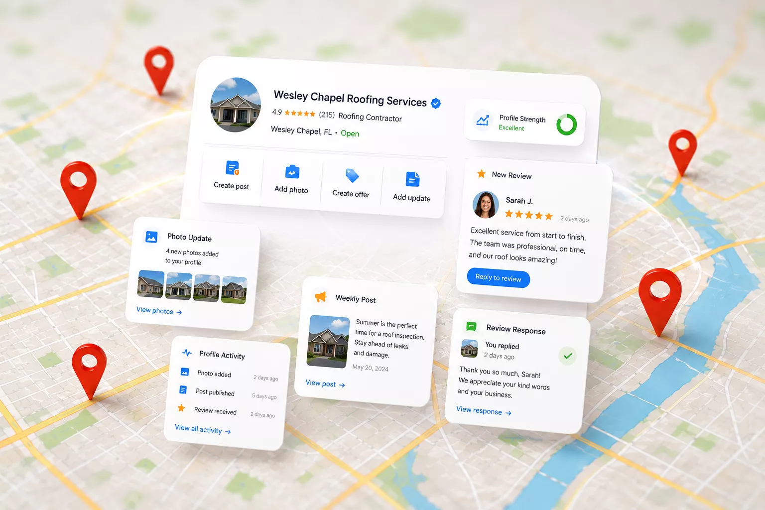 Google Business Profile dashboard showing reviews, posts, updates, and profile optimization for better local visibility.