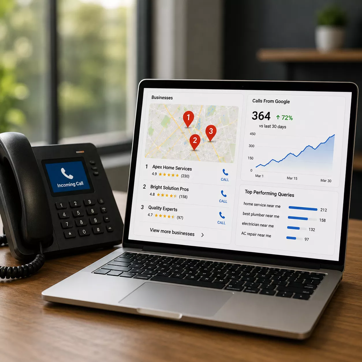 Google Business Profile ranking dashboard showing increased phone calls generated from higher Google Map Pack visibility.