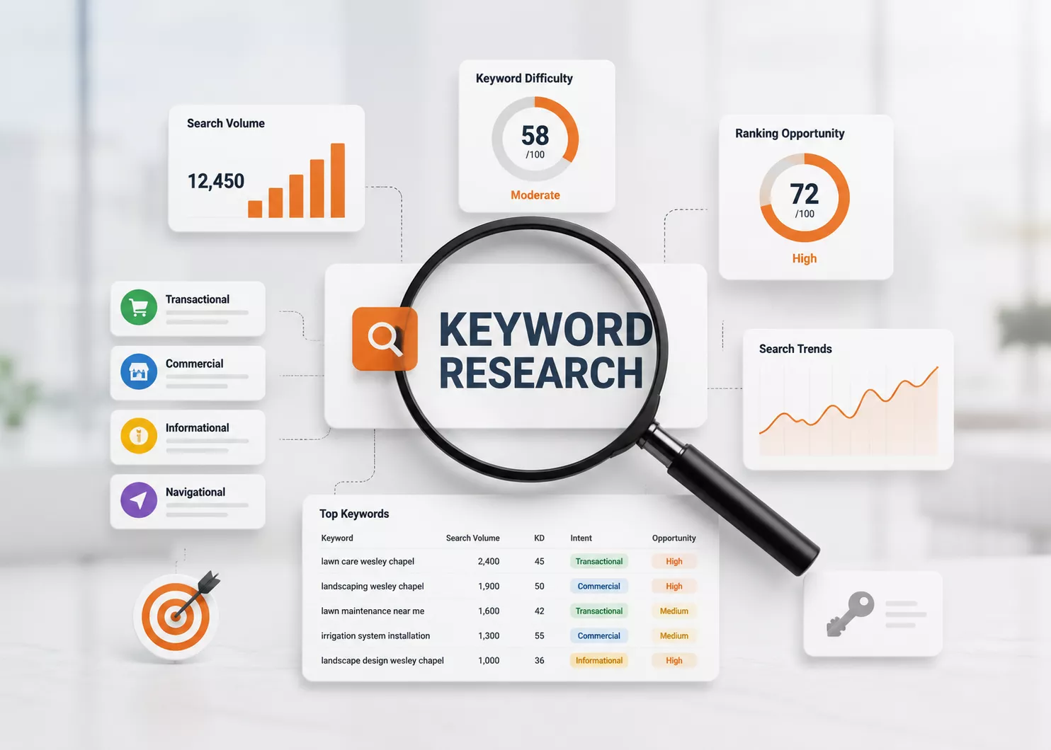SEO keyword research dashboard showing search volume, keyword difficulty, trends, and search intent analysis.