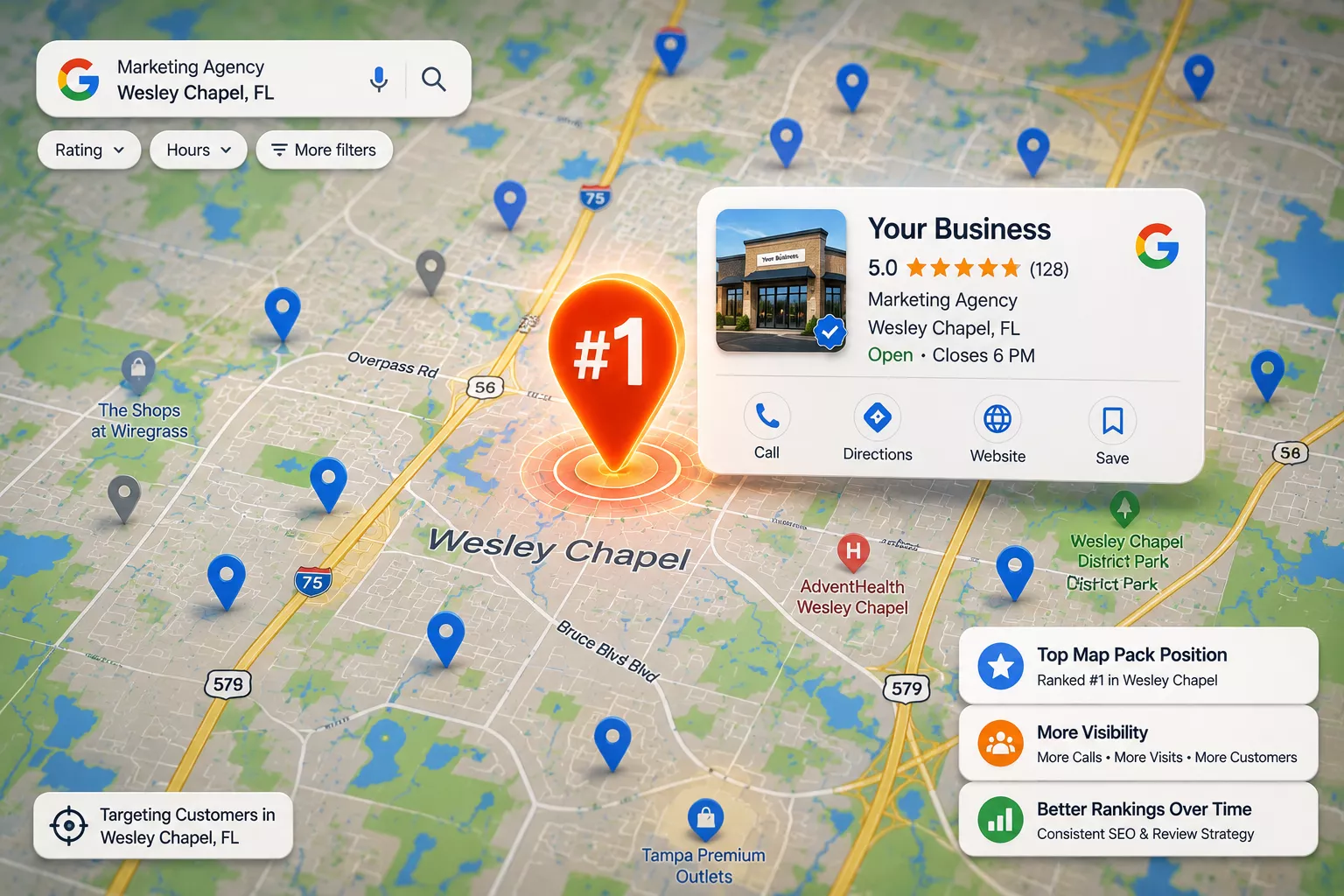 Google Maps showing a business ranked in the top local results with increased visibility and customer engagement.