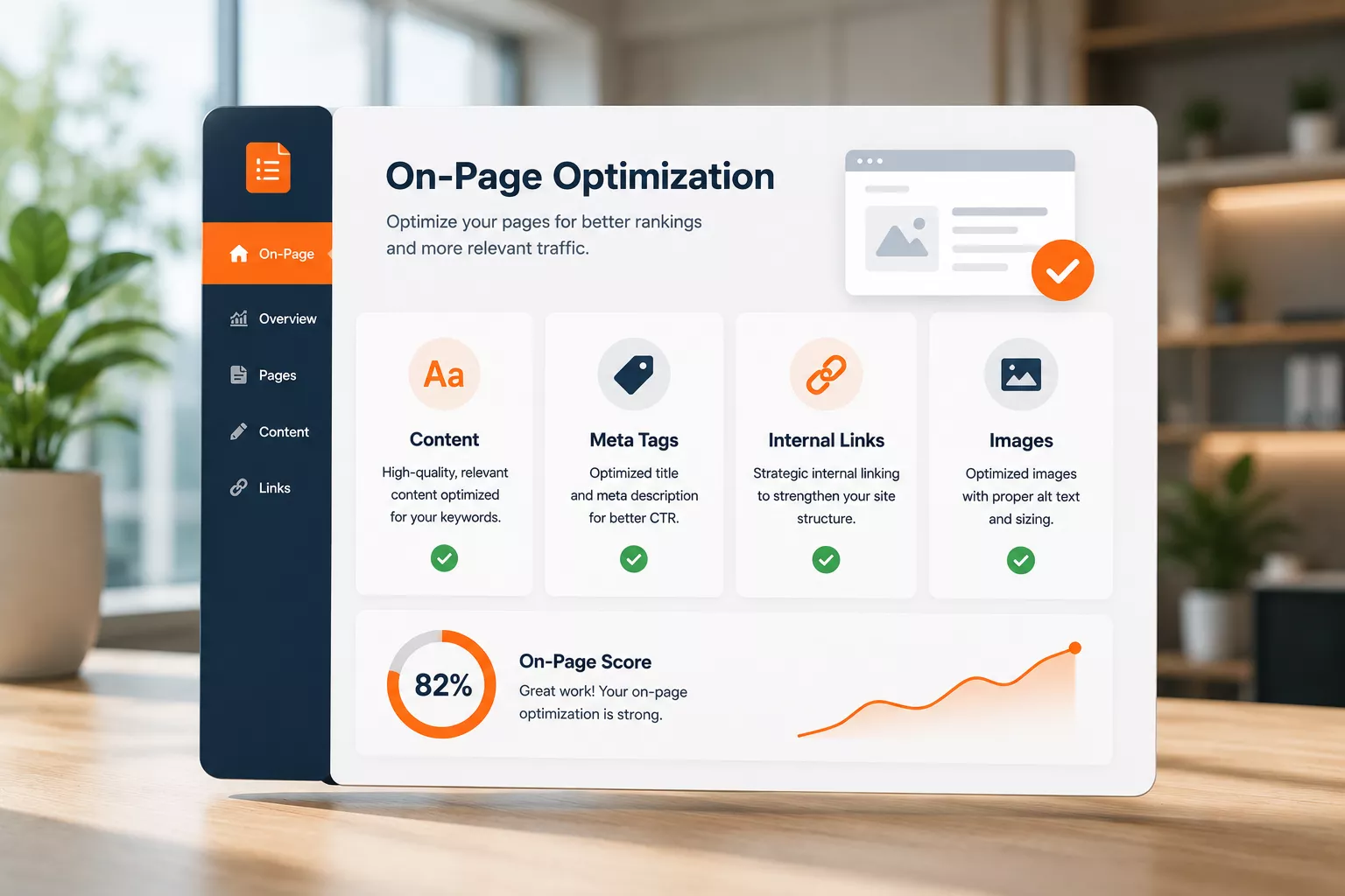 On-page SEO dashboard highlighting content optimization, meta tags, internal linking, and image optimization.