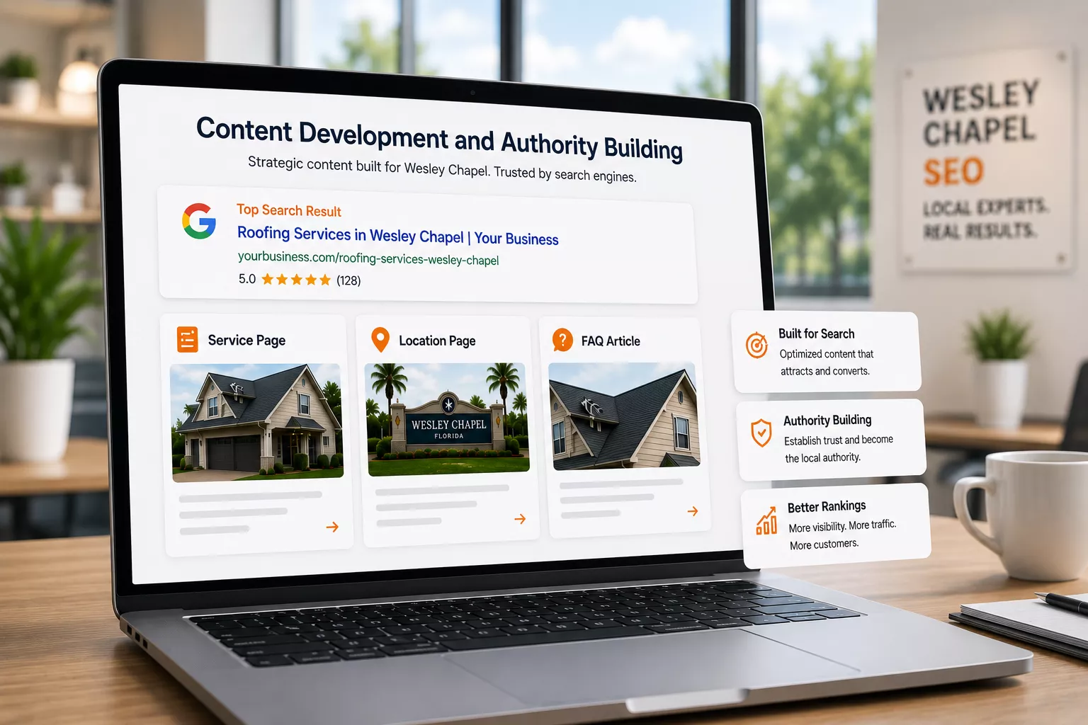 SEO content strategy featuring service pages, location pages, and FAQ articles that build search authority and rankings.