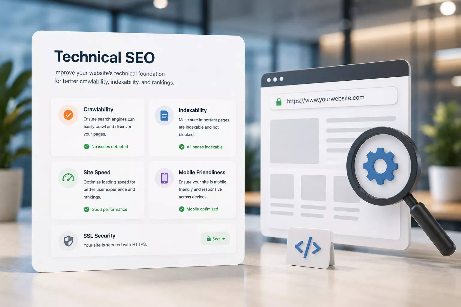 Technical SEO illustration showing crawlability, indexability, site speed, mobile optimization, and HTTPS security.