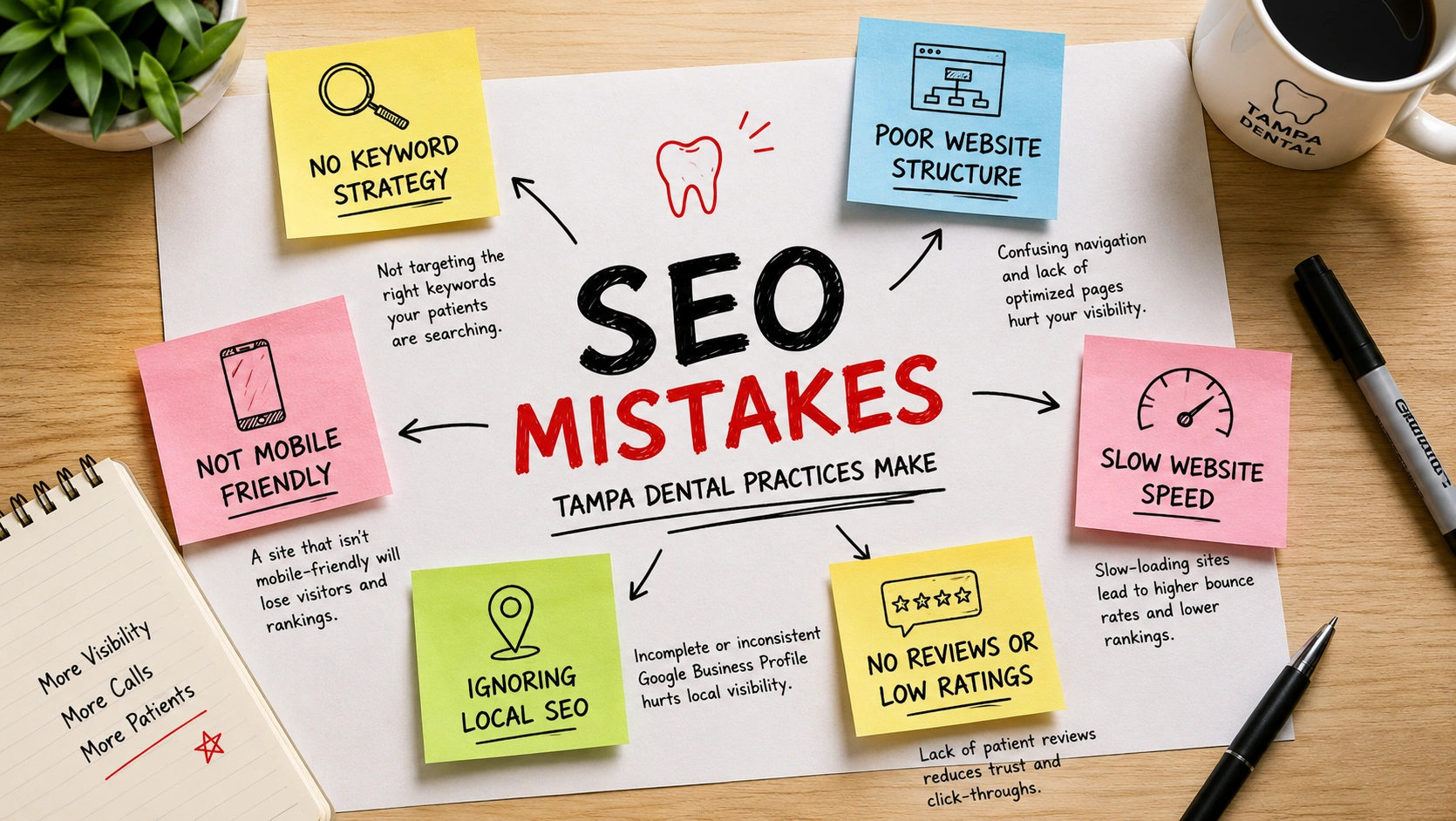 Common SEO Mistakes Tampa Dental Practices Make Mindmap diagram showing common SEO mistakes made by Tampa dental practices including non-localized keywords and weak Google Business Profile optimization.