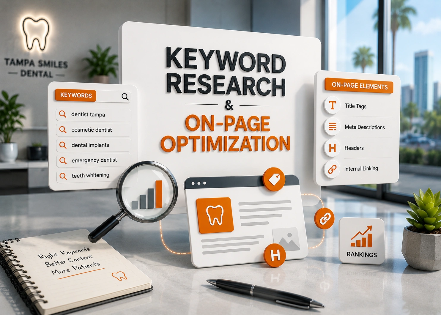 Dental Keyword Research & On-Page Optimization UI Tampa Dental keyword research dashboard and on-page optimization user interface.