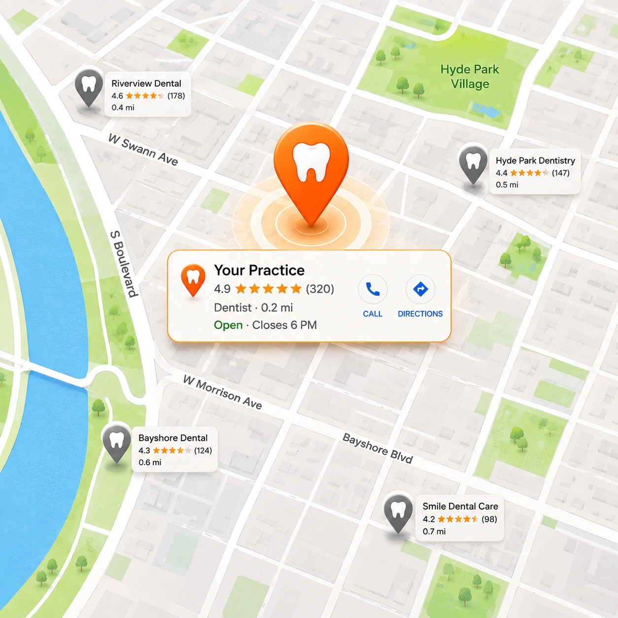 Local Map Pack Optimization Dental Clinic Pins Tampa Google Map Pack displaying top local dental clinic pins and rankings in Tampa FL.