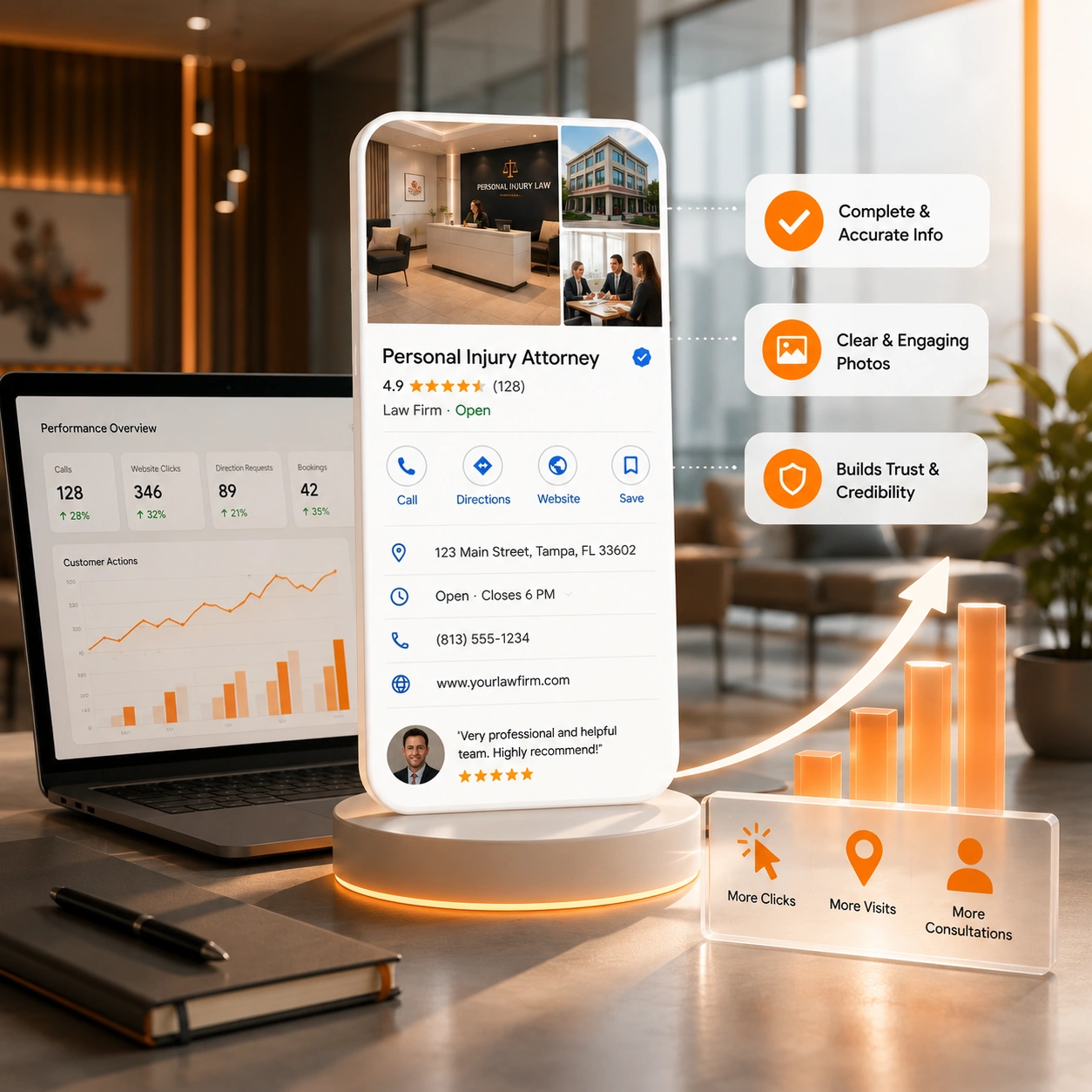 Fully optimized Google Business Profile for a Florida business showcasing photos, reviews, services, and conversion tracking.