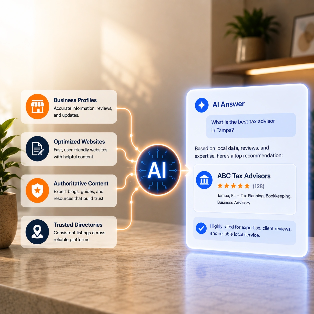 Interface illustrating AI search engine responses from ChatGPT and Perplexity citing a top Florida small business.