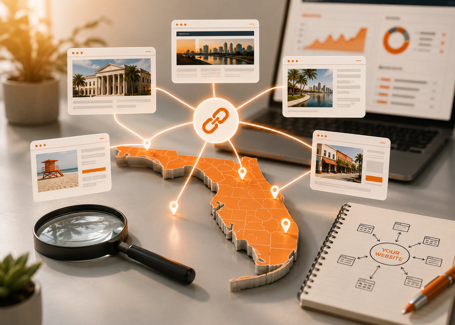 Backlink profile analytics showing high domain authority link building from Florida news sites, business directories, and niche blogs.