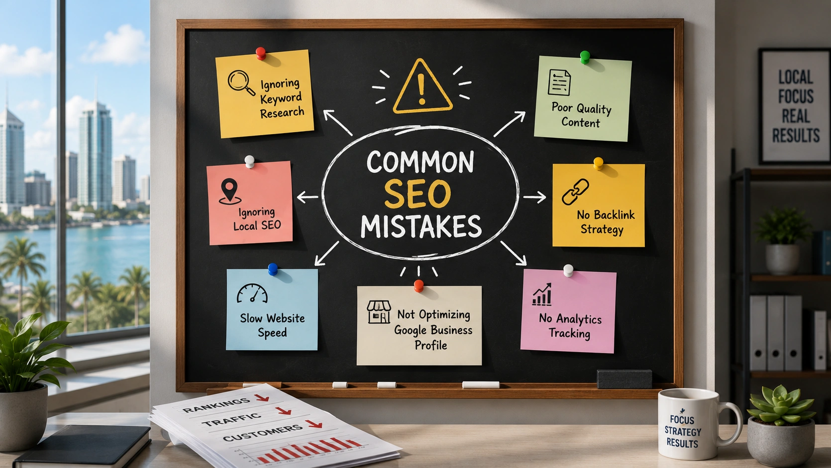 Infographic showing common SEO mistakes made by Florida small businesses including poor local targeting, unoptimized Google Business Profiles, and lack of AI search strategies.