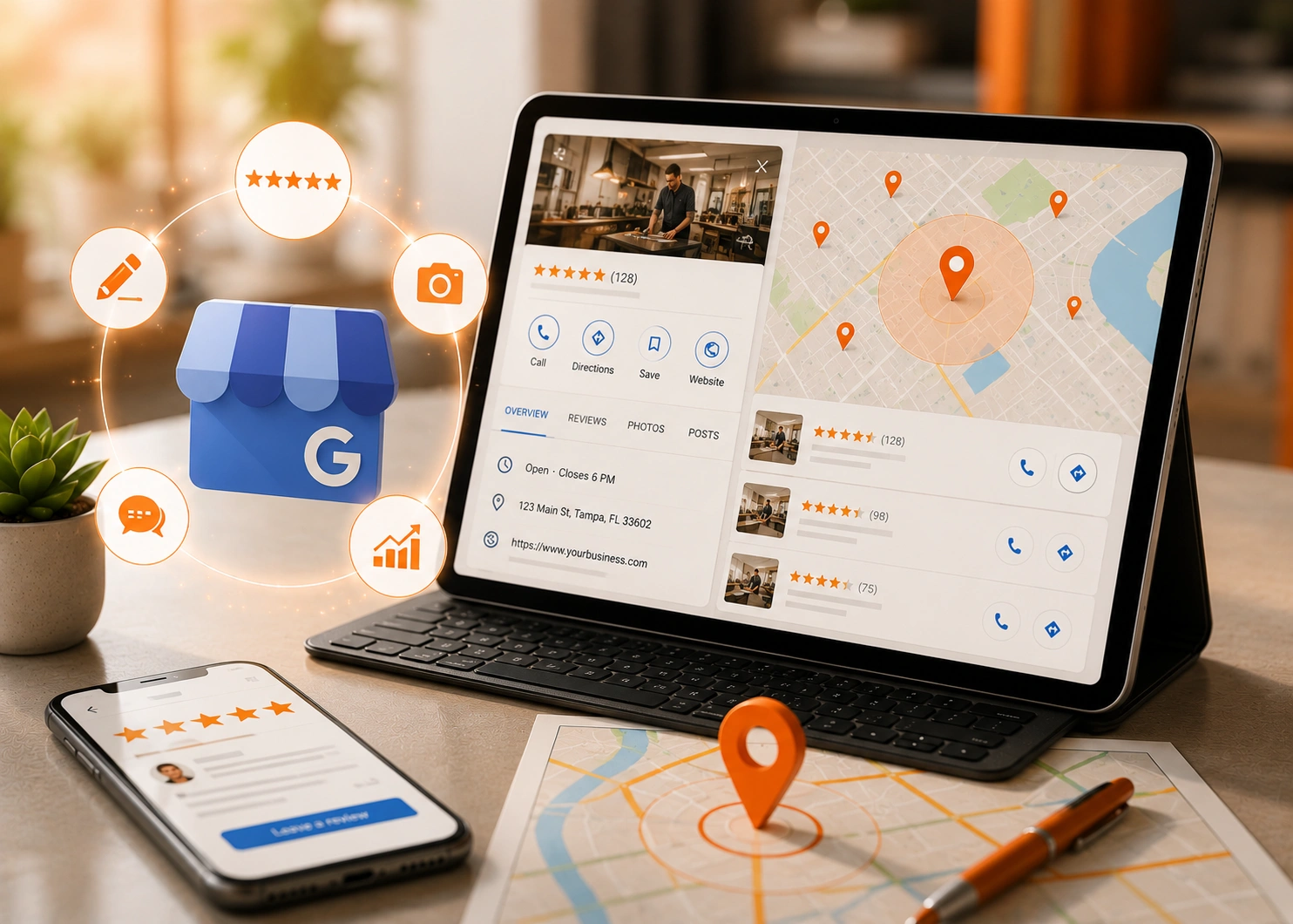 Google Business Profile management interface illustrating profile optimization, posts, photos, review responses, and local map insights.