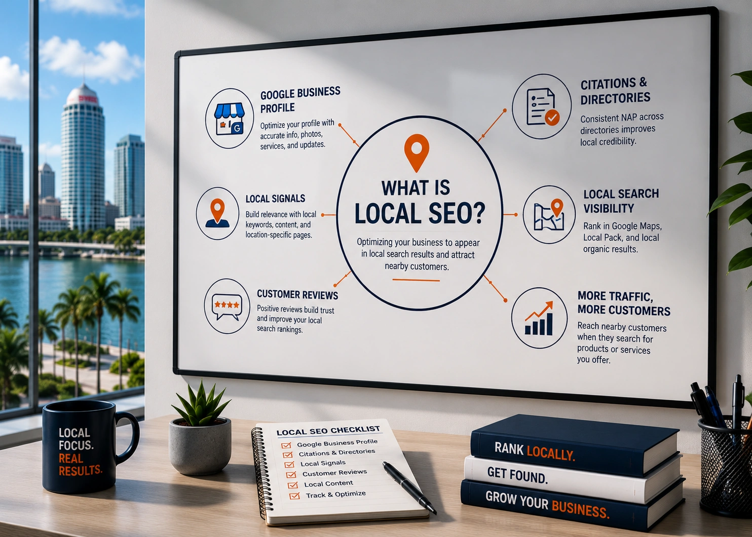 Local SEO strategy dashboard showing map rankings, local citations, geo-targeted keyword performance, and local search visibility for Florida small businesses.