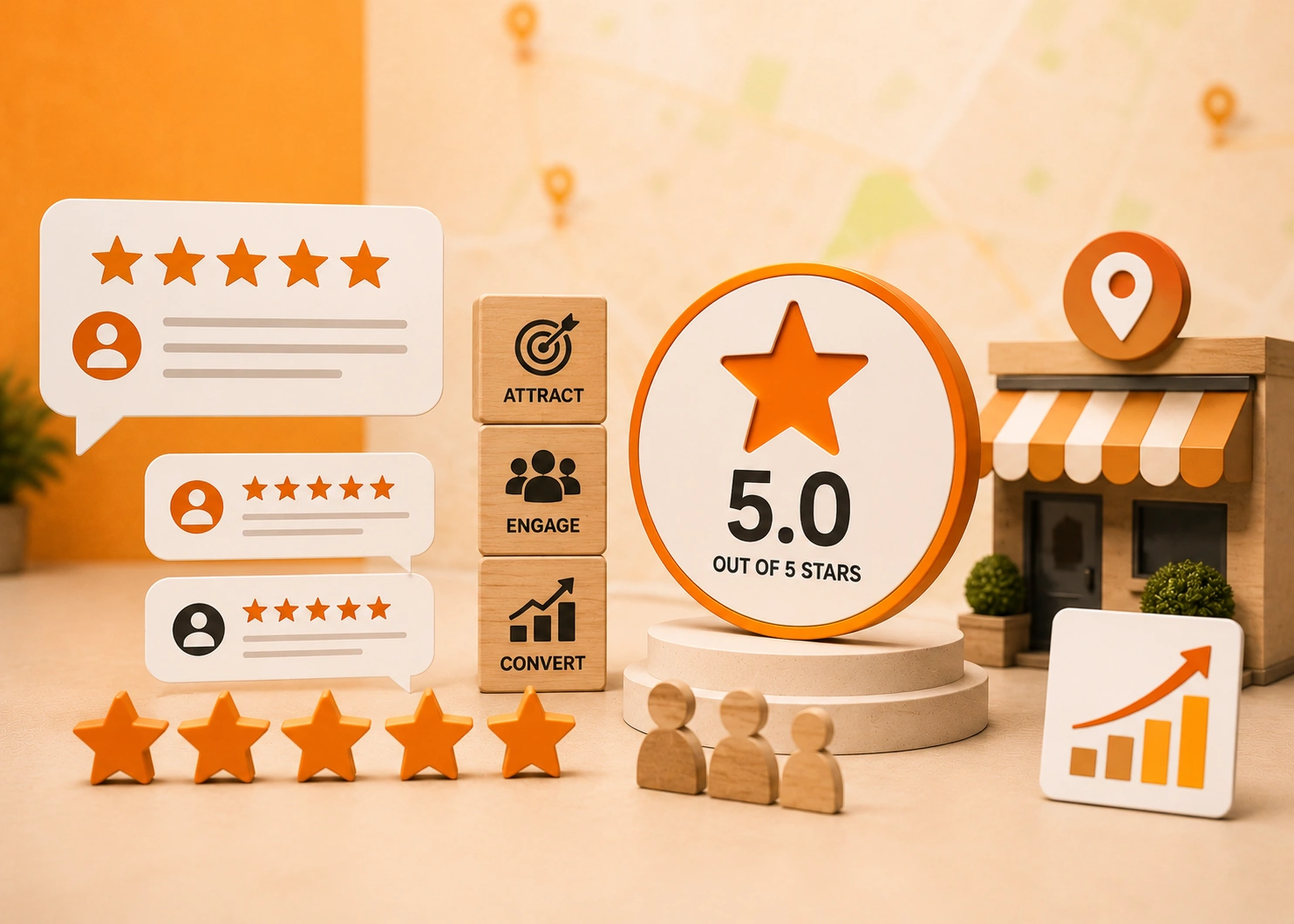 Online review management dashboard displaying 5-star Google review growth, sentiment analysis, and customer feedback strategies.
