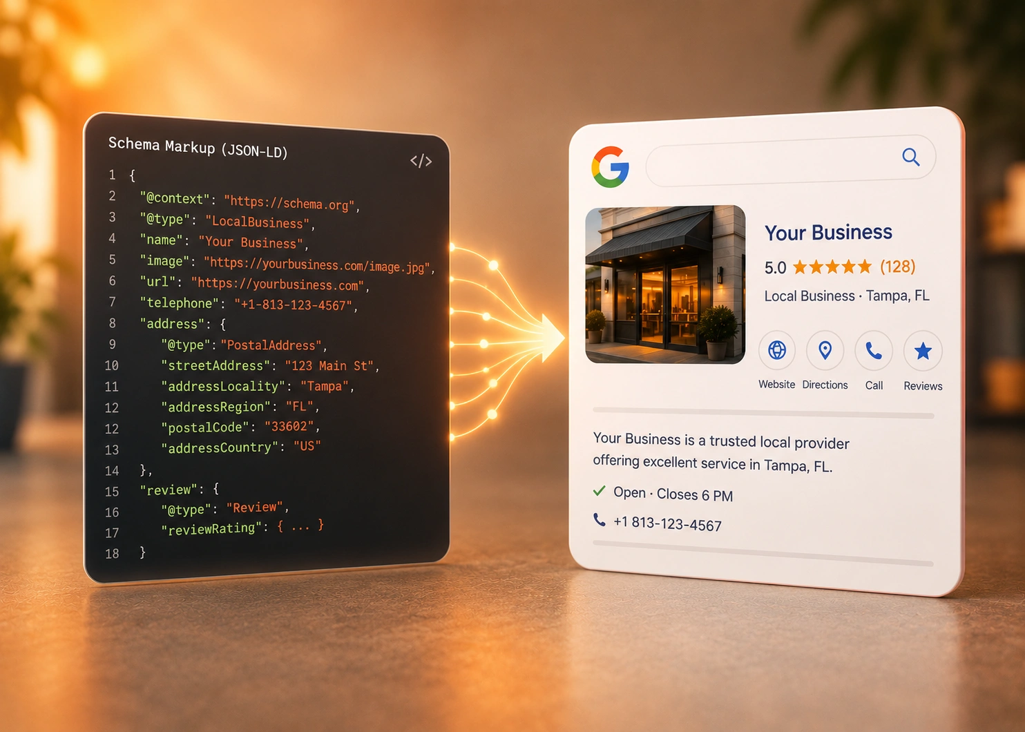 Schema markup validation tool demonstrating JSON-LD structured data implementation for LocalBusiness, FAQ, and Service schemas.